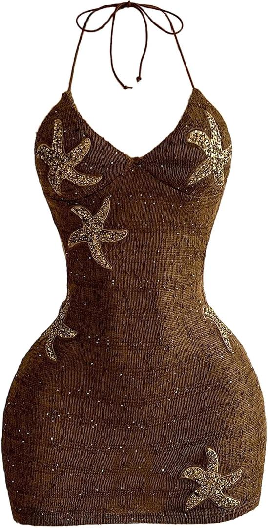 RoseSeek Women's Boho Sequin Mini Dress Halter Tie Back V Neck Bodycon Dresses Sparkle Dress (Brown, S)
