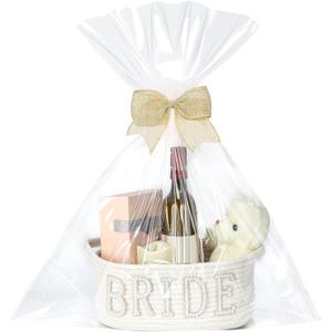 Geelin Bride Gift Basket with Cellophane Wrap Set Bride Gear with Bow Pearl Stickers 12 x 8 x 5'' Woven Basket with Handles for Bridal Shower Gifts Wedding Bachelorette Bride Gifts
