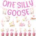 One Silly Goose 1st Birthday Party Decorations Hanging Swirl One Silly Goose Banner Cupcake Toppers for Girls Pink Silly Goose Birthday Party Supplies