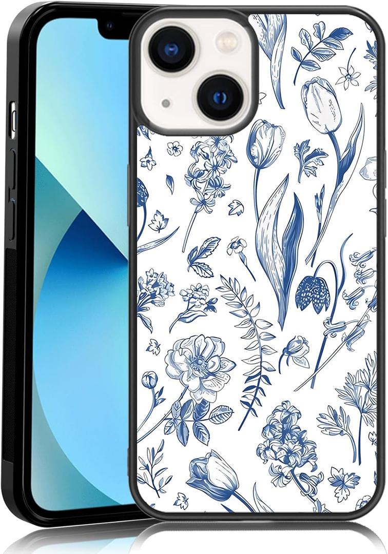Beautiful Blue Flowers and Leaves Phone Case Fit for iPhone 13 — Shockproof Designed Cute Aesthetic Phone Case Cover for Boy Girl Men Women