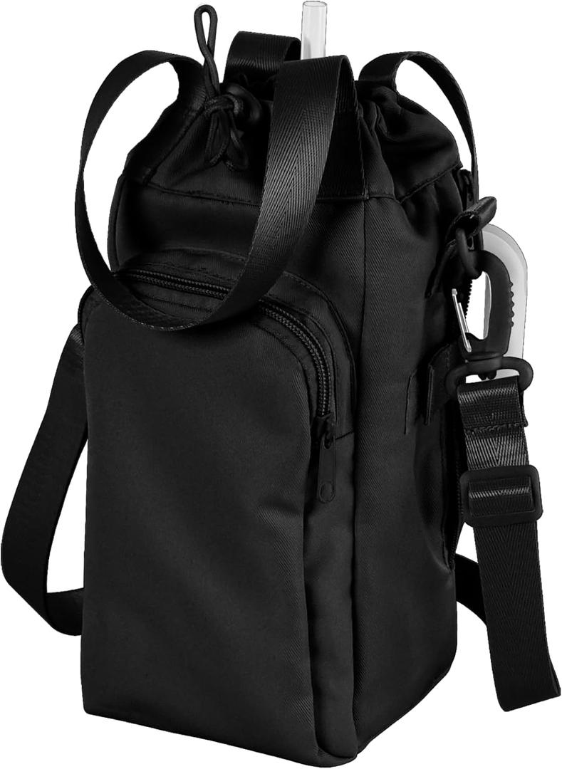 Water Bottle Sling Bag Water Bottle Holder with Strap and Phone Holder Stanley 30/40oz yeti Tumbler Accessories for Hiking Gym (Black)