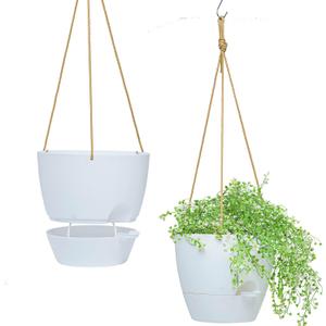 8 inch Hanging Planters, 2 Pack Self Watering Hanging Pots with 20oZ Deep Reservoir for Indoor Outdoor Plants Flowers, White