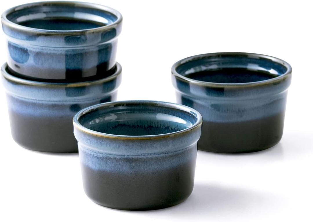 Ceramic 4 oz Ramekins,Small Souffle Dishes Set of 4, Mini Baking Bowls for Kitchen, Porcelain Dipping Sauce Cups for Creme Brulee, Pudding, Ice Cream, Lava Cakes, Microwave & Oven Safe, Blue