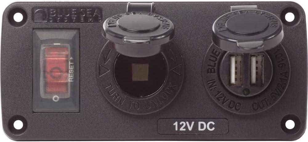 Blue Sea Systems 4363 Water-Resistant Accessory Panels, 15A Circuit Breaker, 12V Socket, 2.1A Dual USB Charger