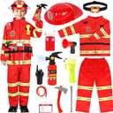 HUUIDY Firefighter Costume for Kids, Fireman Costume with Firefighter Tools, Fire Extinguisher, Helmet Light, Right Angle Flashlight, Kids Dress Up Clothes, Pretend Play Toys Gifts for Boys Age 4+