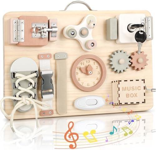 Joyreal Montessori Busy Board for Toddlers - Wooden Sensory Board Activity Board for Fine Motor Skills, Travel Baby Busy Board Sensory Toys for Kids