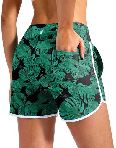 G Gradual 3" Women's Swim Shorts 3 Pockets High Waisted Board Shorts Tummy Control Swimsuit Bottoms with Liner Beach Water, Leaf, Medium