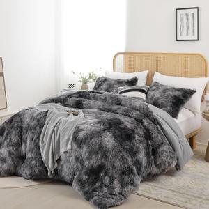 Smoofy Fluffy King Size Comforter Set, Faux Fur Comforter Set, Luxury Fuzzy King Bedding Set, Soft Shaggy Bed Set for All Season, 3 Pieces - 1 Comforter & 2 Pillowcases, Tie-Dye Grey