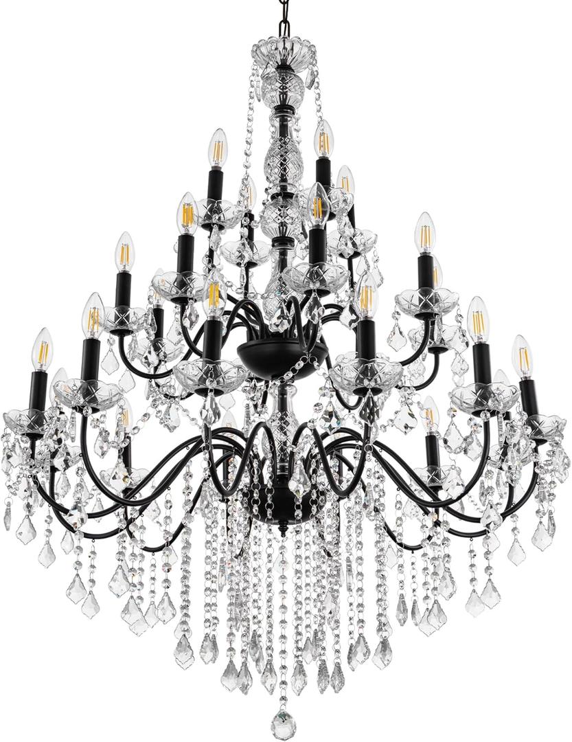 Wellmet Black Chandelier Light Fixture, Luxury Maria Theresa Crystal Chandeliers for High Ceiling Foyer, 24 Lights Hanging Pendant Light for Living Room EntryWay Hall Staircase Large 35.66" (Black)
