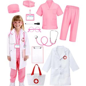 12 PCS Doctor Costume for Kids, Scrubs with Lab Coat/Nurse Costume Kids Set,Girls Boys Doctor Career Day Costumes (8-9 Years, Pink)