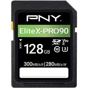 PNY 128GB EliteX-PRO90 UHS-II SDXC Memory Card  R300MB/s W280MB/s, U3, V90, 8K UHD, Full HD, UHS-II for Professional Photographers & Content Creators, DSLR, Mirrorless Cameras, Advanced Video Cameras