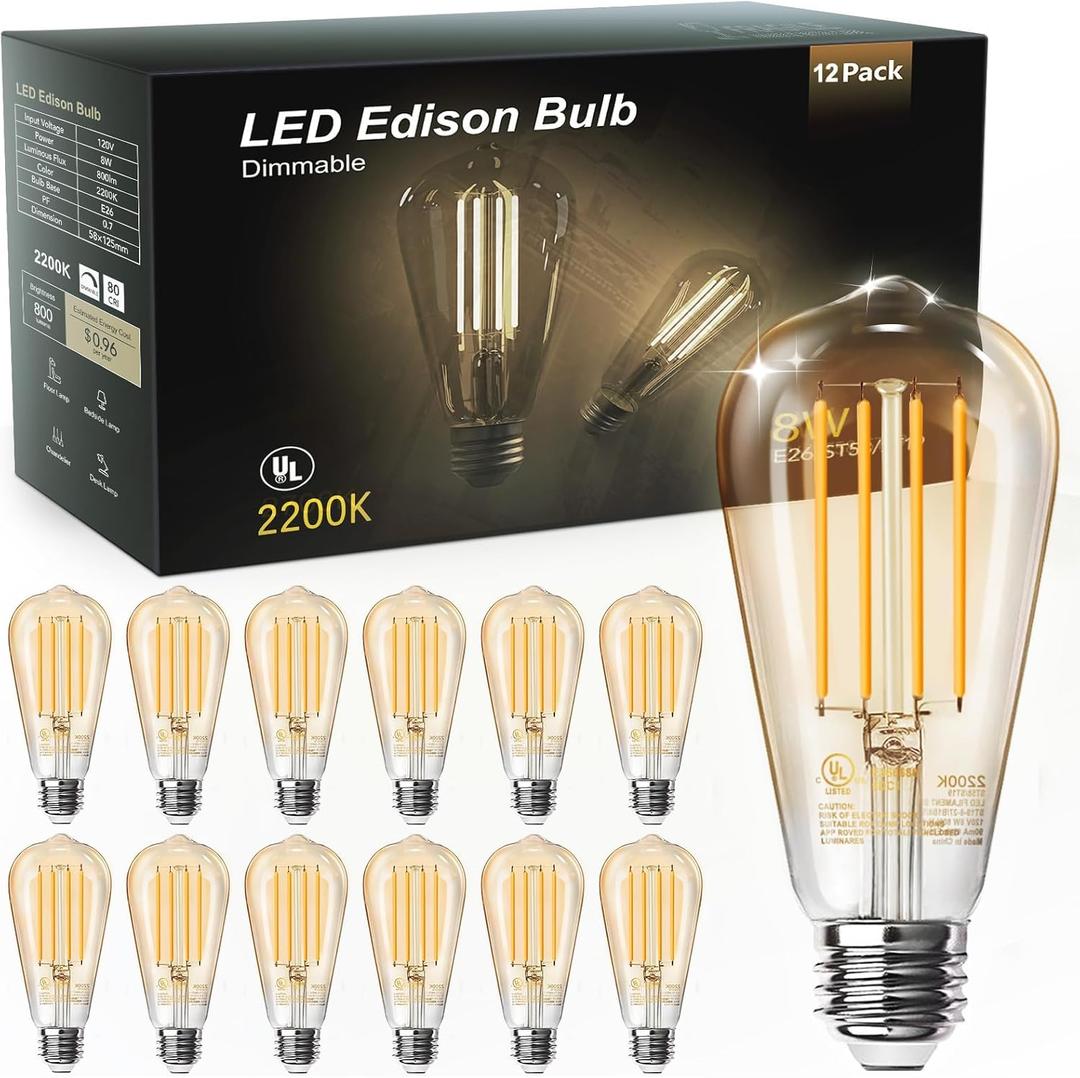 TJOY ST58 Vintage LED Edison Bulbs, Dimmable, 2200K Amber, 12 Pack, 8W