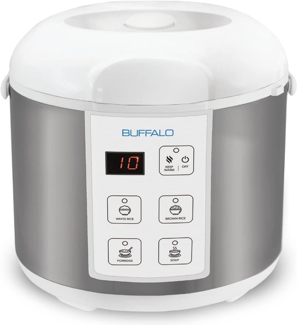 Buffalo Classic Rice Cooker with Clad Stainless Steel Inner Pot - Electric Rice Cooker for White/Brown Rice, Grain - Easy-to-clean, Non-Toxic & Non-Stick, Auto Warmer (10 Cup)