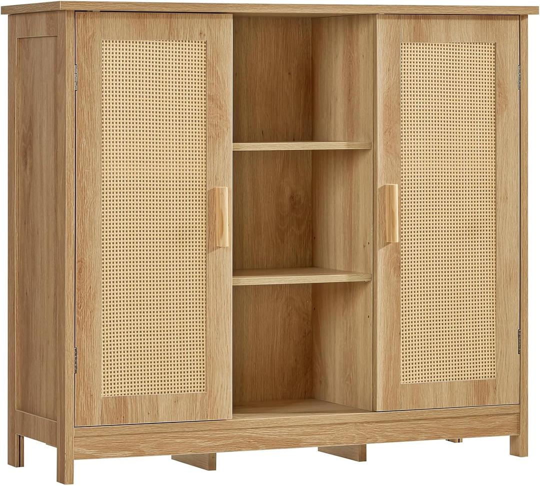 Iwell Rattan Storage Cabinet with 4 Adjustable Shelves, Coffee Bar Cabinet, Sideboard Buffet for Kitchen, Living Room, Entryway, Natural, 11.8"D x 35.4"W x 31.7"H