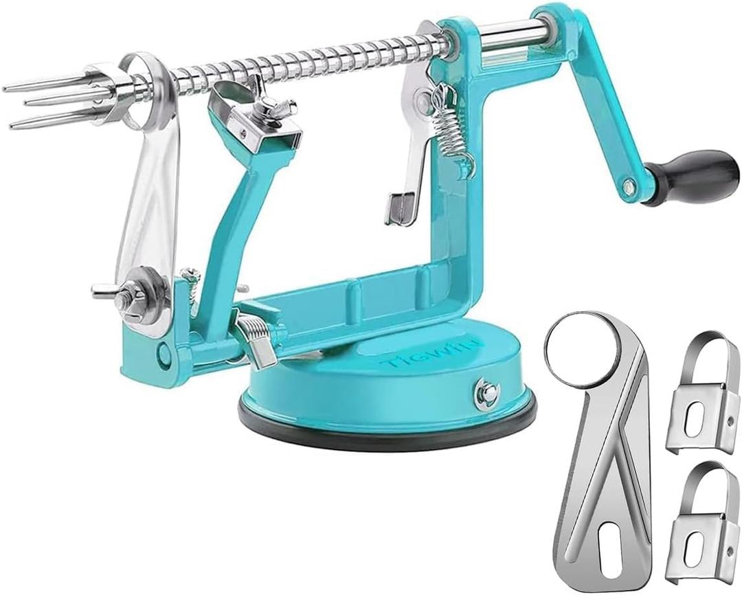 Apple Peeler Corer, Long lasting Chrome Cast Magnesium Alloy Apple Peeler Slicer Corer with Stainless Steel Blades and Powerful Suction Base for Apples and Potato(Blue) (Teal)