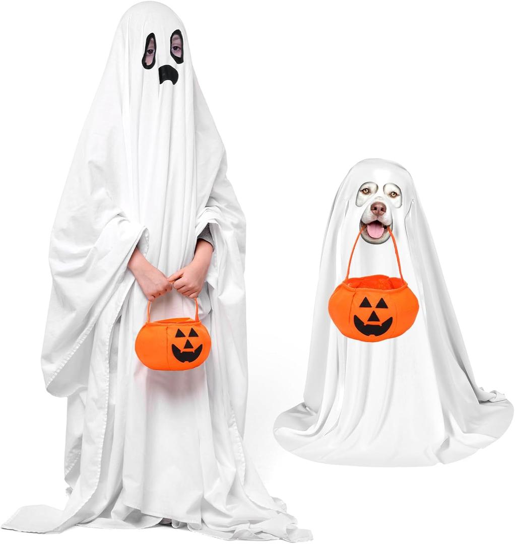 BlossomSound 4-Piece Halloween Set - Adult & Pet Ghost Costumes (White) with Pumpkin Candy Buckets & Cosplay Party Accessories