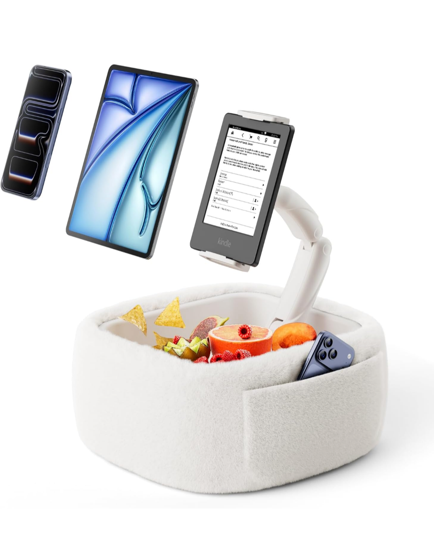 LULULOOK Ultra Fluffy Kindle Pillow Stand for Reading, Lap Tablet Pillow Stand with Snack Bowl & Flodable Arm Compatible with iPad, Phone and 4.7-14.6” Tablet for Book Reading in Bed