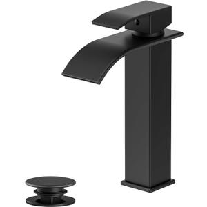Rywuanku Matte Black Bathroom Faucet Waterfall Spout, Single Handle Sink Faucet with Pop-up Drain & Deck Plate, Modern 1 Hole Vanity Faucet for Vessel Sink