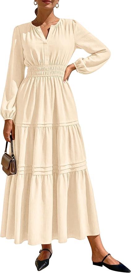 PRETTYGARDEN Women's 2026 Elegant Maxi Dresses Long Sleeve V Neck Flowy Pockets Casual Modest Dress Fall Fashion Clothes, L