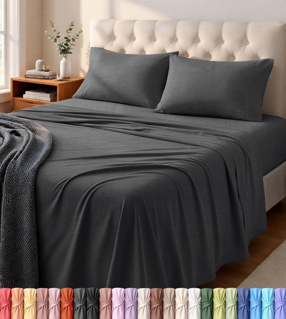 Utopia Bedding Queen Sheet Set - Jersey Knit Sheets 4 Piece – Cotton – Soft T-Shirt Stretchy Sheets (Dark Grey)