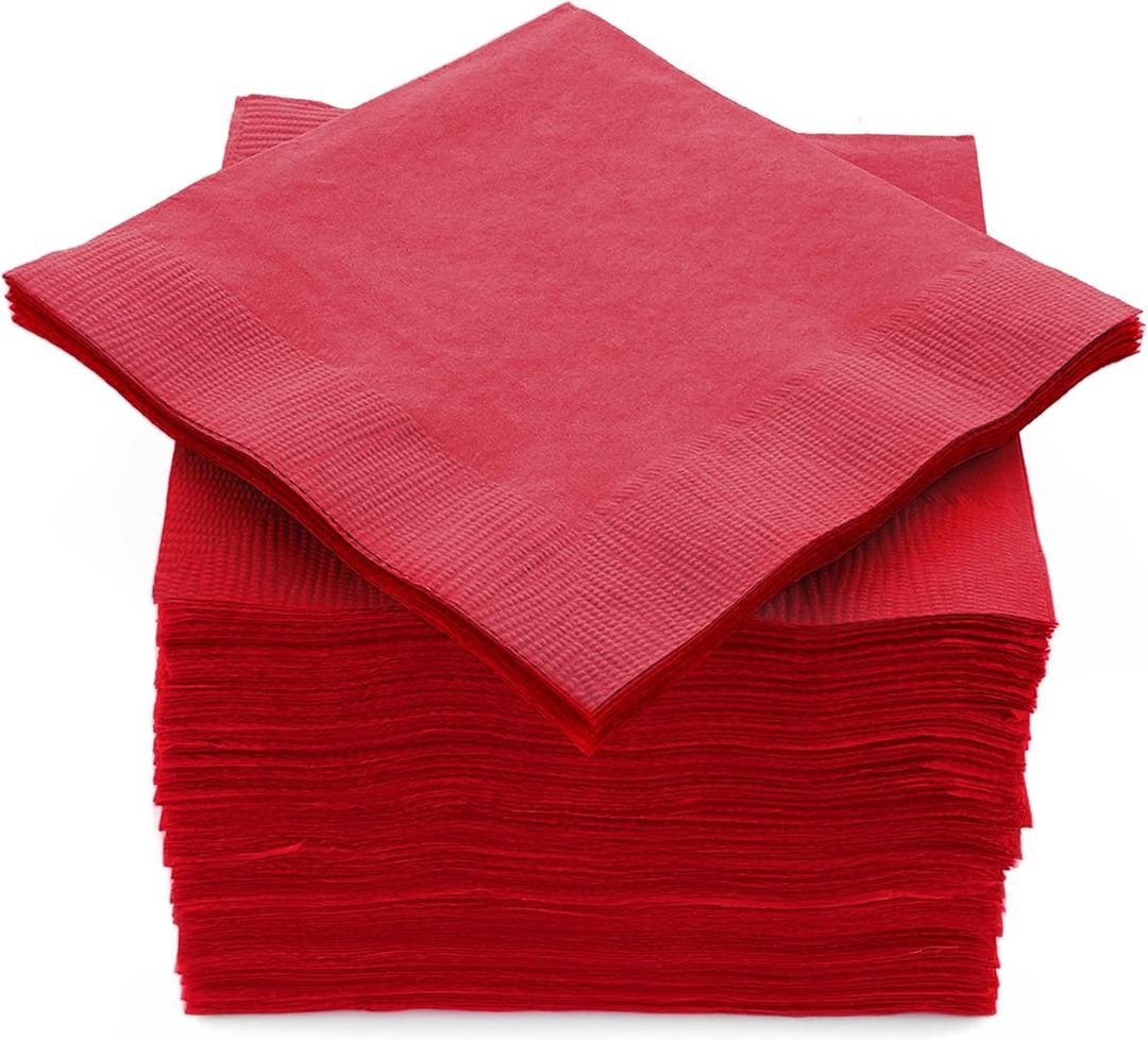100 Pack Red Beverage Napkins, Big Party Pack, 2 Ply, Ideal for Wedding, Party, Birthday, Dinner, Lunch, Cocktails. (5 x 5) by Amcrate