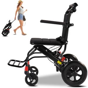 Folding Ultralight Lightweight Wheelchair, Transport Wheelchair for Adults Support 220lbs with Foldable Pedals and Flip-Backs Arms, Handbrake & Storage Bag 12" Rear Wheels, Black (Seat Width:15.5")