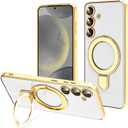 Tnarru Designed for Samsung Galaxy S25 Clear Case with Stand [Magnetic Ring Holder] [Built-in Camera Lens Protector] Slim Anti-Scratch Non-Yellowing for Samsung Galaxy S25 Case Gold