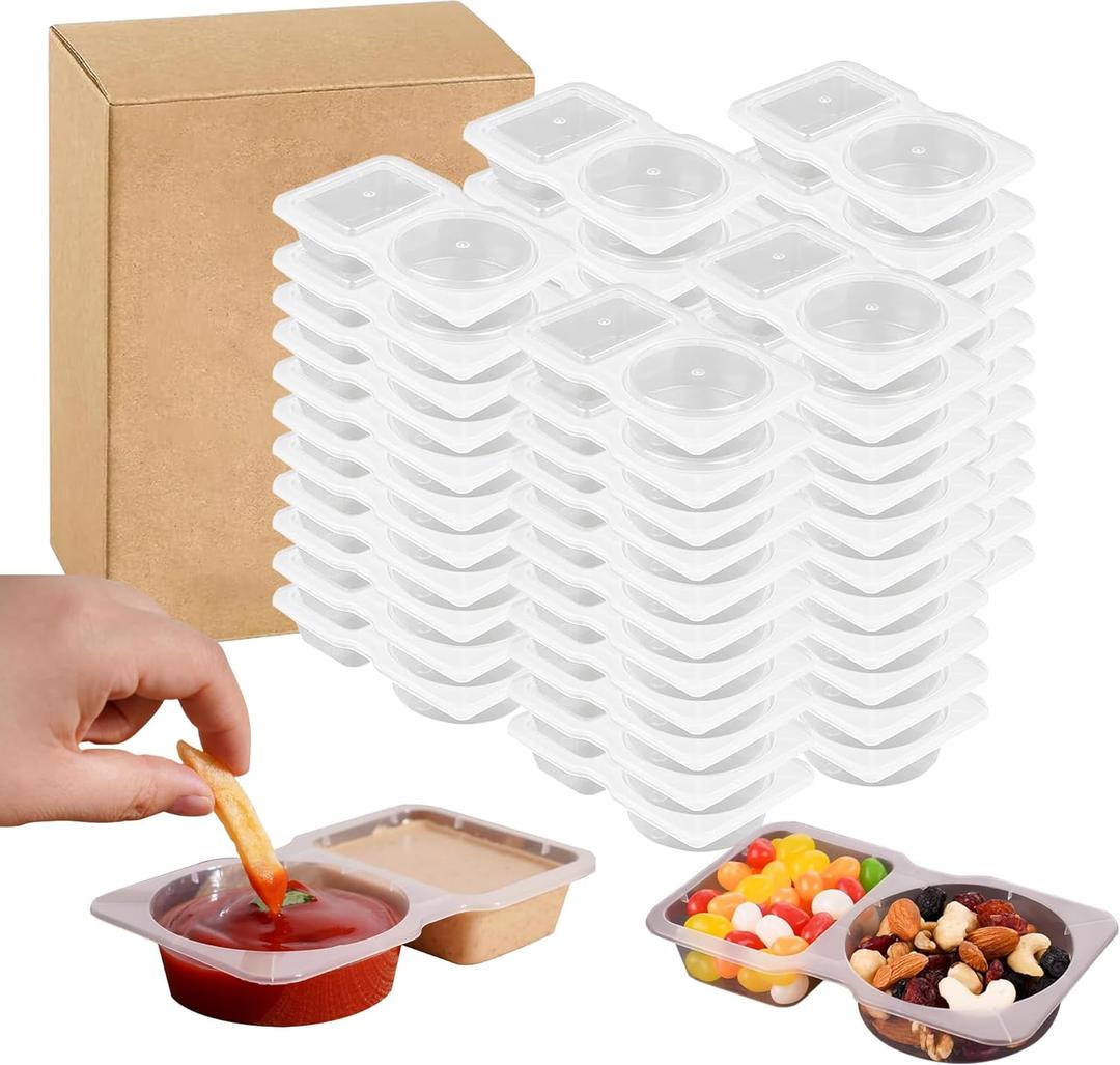 50PCS Double Compartment Condiment Container With Lids - Reusable Snack Pack Containers for Take-out Sauces