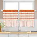 FRAMICS Farmhouse Linen Kitchen Curtains 24 Inch Length Orange Striped Short Curtain for Windows Boho Crochet Small Window Curtains for Kitchen Rod Pocket Tier Curtain for Bathroom, Cafe, 2 Panels