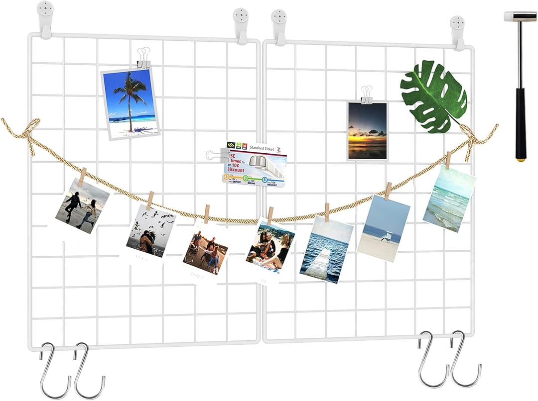 C&AHOME Photo Wall Display Set of 2, Grid Panel with Hooks, Clips, Hemp Cord, Hammer - 15.7" x 11.8", White UWWGM3402W