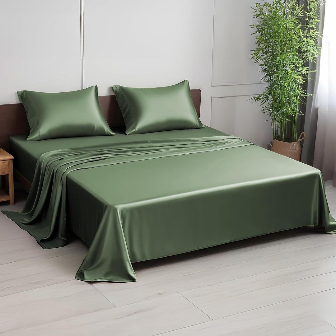 Linenwalas Premium 100% Viscose Derived from Bamboo Full Size Sheet Set - Ultra Soft, Breathable & Cooling, Ideal for Hot Sleepers, 16" Deep Pocket, Hotel Luxury Bedding (Avocado Green)
