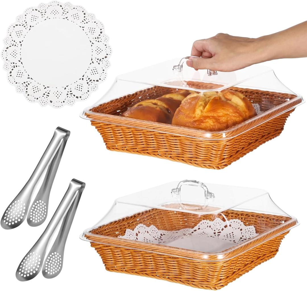 2 Pack Wicker Large Bread Basket with Lid, 11.8''11.8'' Square Plastic Imitation Rattan Woven Serving Basket with 2 Stainless Steel Tongs150 Paper Liners for Food Vegetable Display