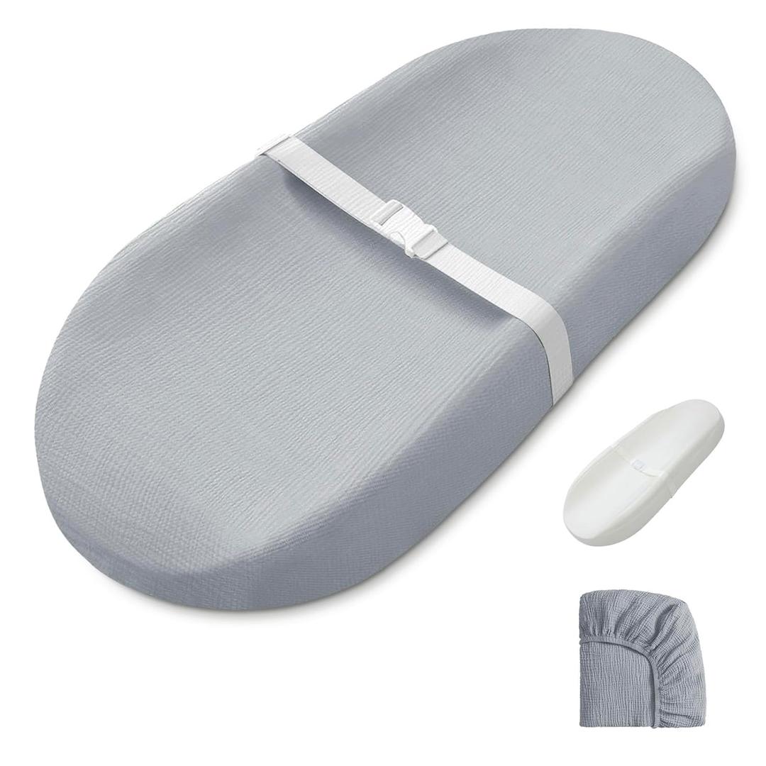 Blissful Diary Muslin Baby Changing Pad with Waterproof Lining Foam, Diaper Changing Table Pad with Cover for Dressers (Grey)