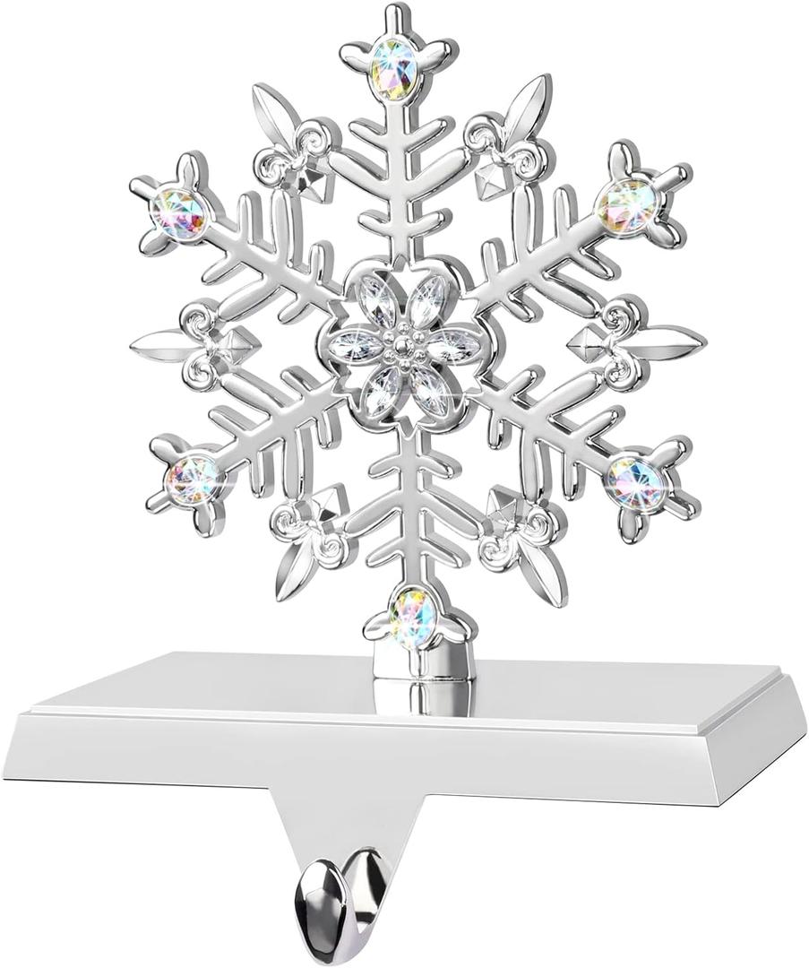 Snowflake Christmas Stocking Holder, 3D Silver Metal Stocking Holder Non-Slip Stocking Hangers for Mantle Fireplace Table Christmas Holiday Decoration