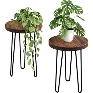 LAPTAIN Plant Stand Indoor, Heavy Duty Tall Flower Pot Stand,Modern Round Small Side End Table, Set of 2, Walnut