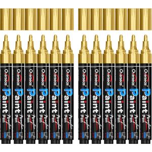 Overseas Gold Paint Pens - Permanent Acrylic Paint Markers 12 Pack, Water-Based, Quick Dry, Waterproof Marker Pen for Rock, Wood, Plastic, Metal, Canvas, Glass, Fabric, Card, Mugs. Medium Tip