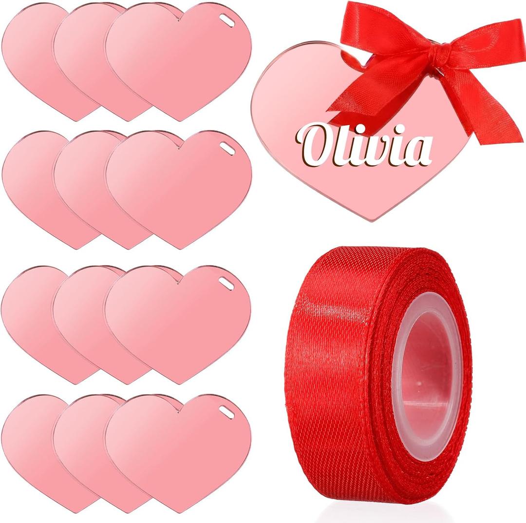 Acellegic  Heart Place Cards Valentine's Day Name Cards Mirror Acrylic Gift Tag for Table Place Setting Centerpiece Ideal for Wedding Bridal Brunches Birthday Anniversary Party Event(Pink Heart)