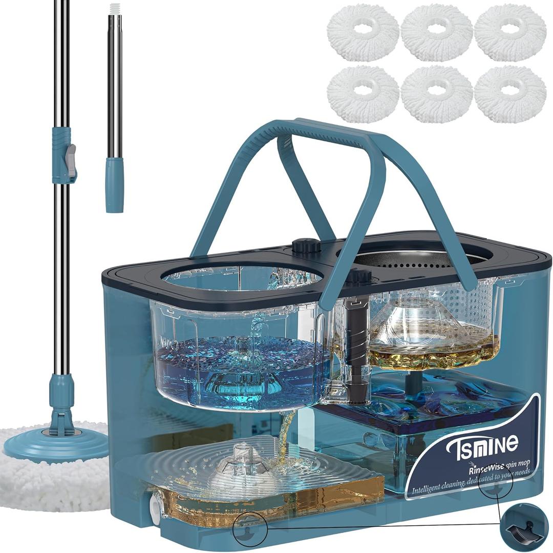 Gen 1 Large-Capacity Spin Mop and Bucket – for Big Homes & Deep Cleaning Days, 4-Chamber System Separates Dirty & Clean Water, 2-GAL Heavy-Duty Design with Wheels & 6 Refill Mop Heads - Blue/ Grey