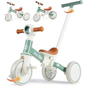 LOL-FUN 5 in 1 Toddler Tricycles for 1-3 Year Olds Boys Girls Toy, Baby Balance Bike 1 Year Old Kids Gift with Parent Steering Push Handle (Mint)