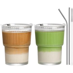 13oz Iced Coffee Cups,2Pcs Glass Cups with Lids and Straws Drinking Glasses,Clear Ribbed Glassware,Reusable Tumbler Glass to Go Cup for Matcha, Iced Tea,Juice