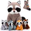 5 Pcs Raccoon Stuffed Animal Set Adorable Mommy Raccoon Plush with 4 Babies in Tummy Soft Cuddly Plushie for Birthday Woodland Party Decor (Cuddly Style)