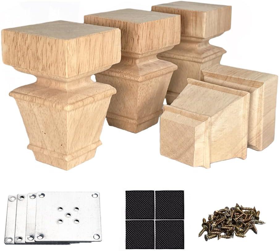 4 Inch Wooden Furniture Legs with Mounting Plates Screws Set of 4 Solid Wood Unfinished European Style Replacement Furniture Feet for Couch Cabinet Sofa Ottoman TV Stand Home DIY Projects (4 inch)