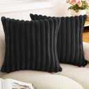 Double-Sided Faux Fur Plush Throw Pillow Covers 18x18 Set of 2 Fuzzy Striped Soft Cozy Pillowcase Luxury Decorative Pillows Square Fluffy Cushion Covers for Couch Sofa Bed,Black