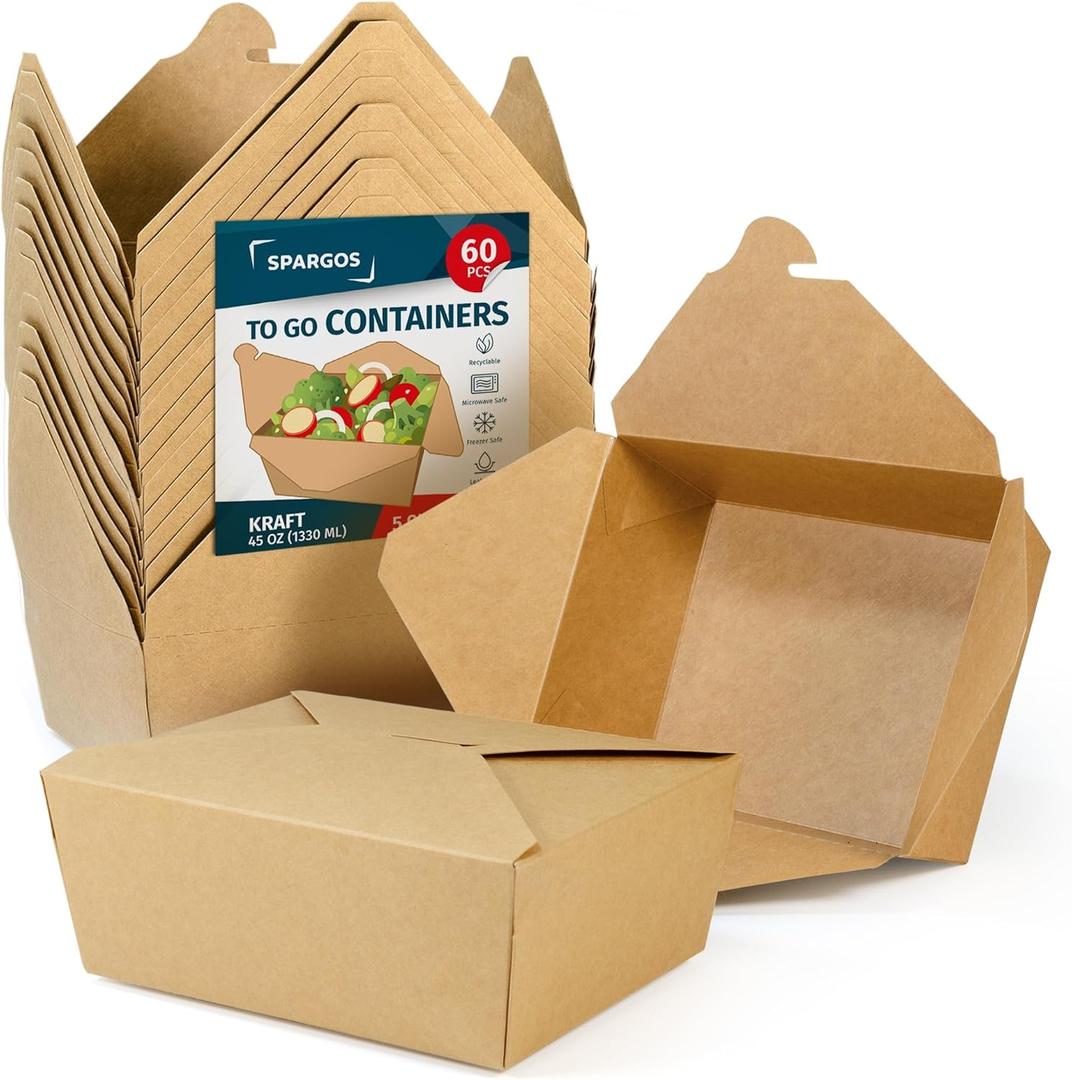 Chinese Takeout Storage Containers (60 Pack) 45oz - Kraft Brown Cardboard Paper Togo - Take Out Boxes -Biodegradable Eco To Go Food For Restaurants Catering Party