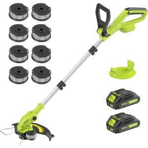 Electric String Trimmer Cordless with 2x2.0Ah Battery, 20V Battery Powered 12-inch Lawn Mover & Edger Lawn Tool with Charger, Powered Grass Trimmer with 8pcs Spool Line for Yard, Garden, Green