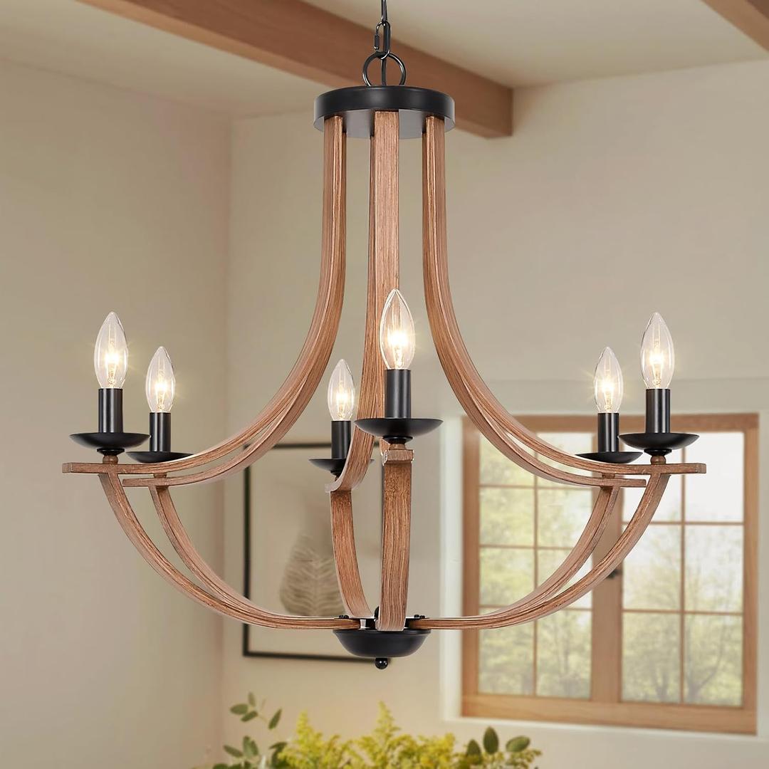Farmhouse Chandelier, Rustic Wood Pendant Light with Dimmable Chain, Vintage Hanging Lantern for Dining Room Kitchen Island Foyer Living Room Bedroom, 27.6 Inch