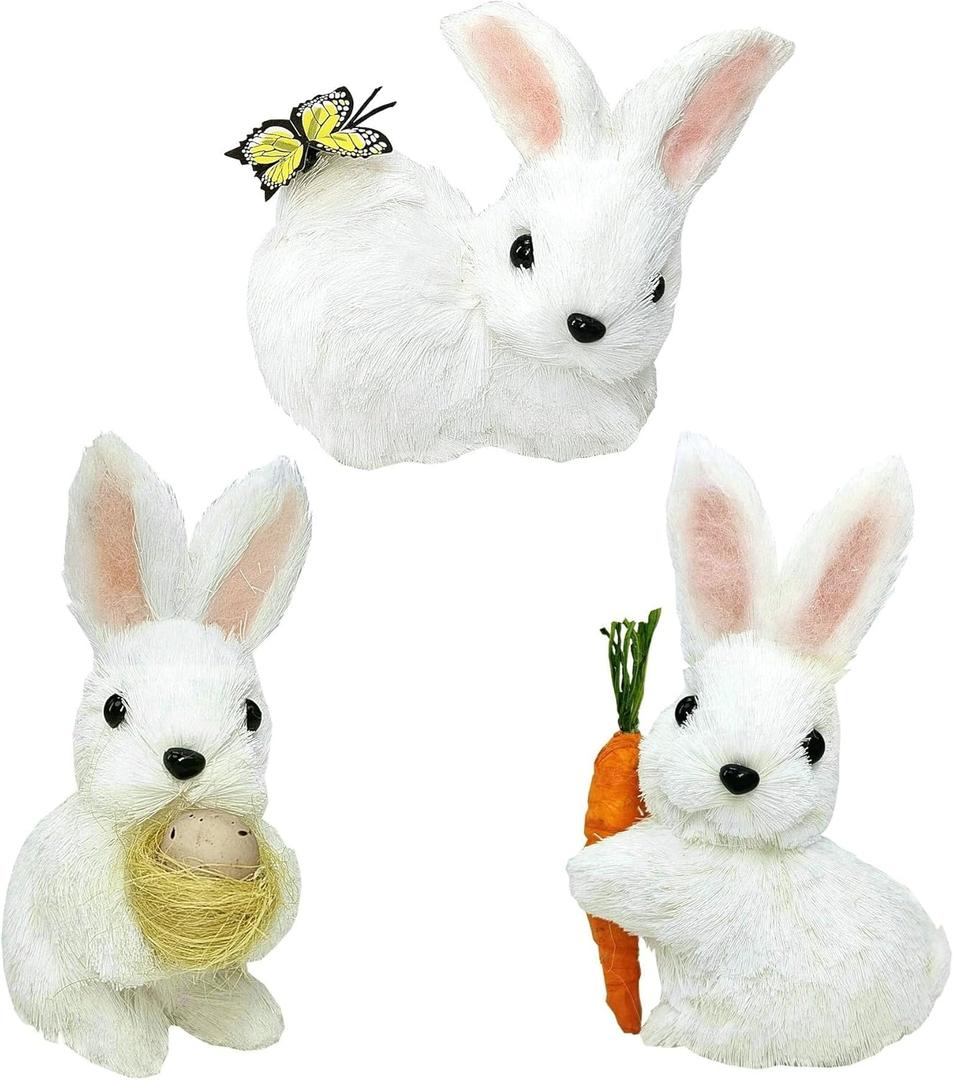 naturevibe Sisal Baby Bunny Easter Decorations,Set of 3 White Easter Bunny Family for Home Decorations or Seasonal Parties,Cute Rabbit Decor as Decorative Farm Animals for Spring Decor