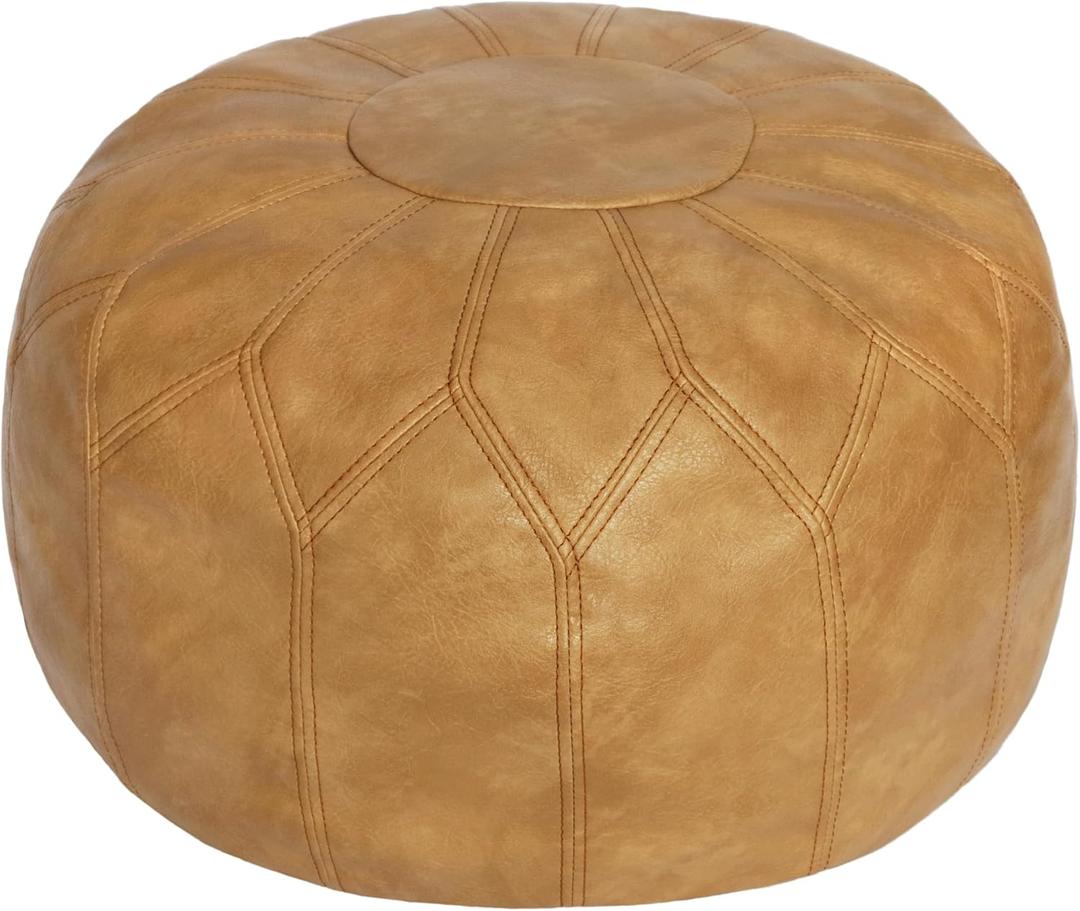 Thgonwid Unstuffed Moroccan Faux Leather Pouf Ottoman with Storage - Handmade Boho Chic Multi-Use Footrest for Living Room, Bedroom, Patio - Round Ethnic Floor Cushion & Decorative Accent, Khaki