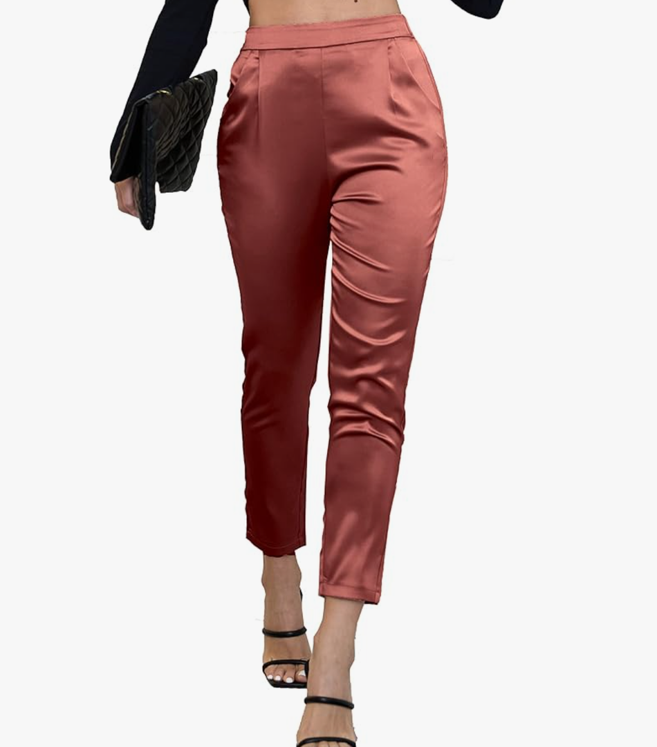 heipeiwa Women's Satin Pants Dress Casual Pleated Pull on High Waist Pants Baggy Front Tapered Trouser. Size Large