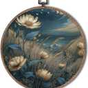 Tzhim Vintage Moody Blue Floral Round Wall Art, Dark Cottagecore Wildflower Field Round Wall Decor Framed, Rustic Farmhouse Flower Botanical Canvas Walls Sculptures for Home Office Decor, 10x10 Inch